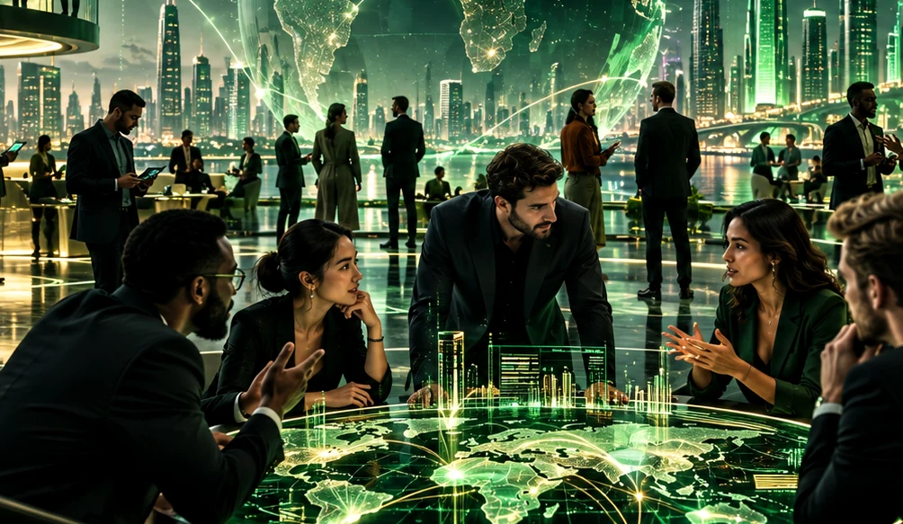 Startup founders collaborating in a premium innovation environment.