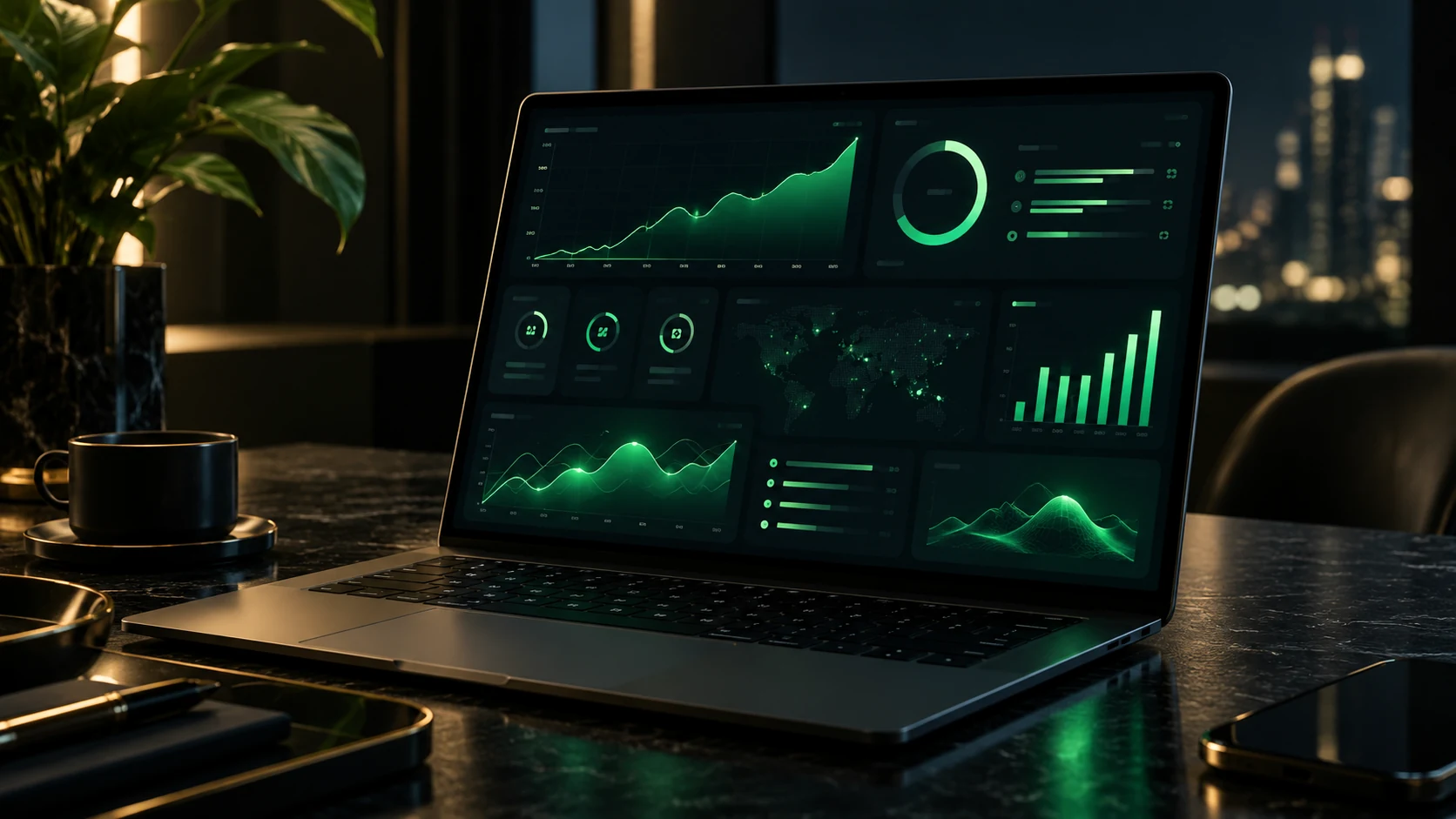 Premium analytics dashboard on a laptop in a dark executive workspace.