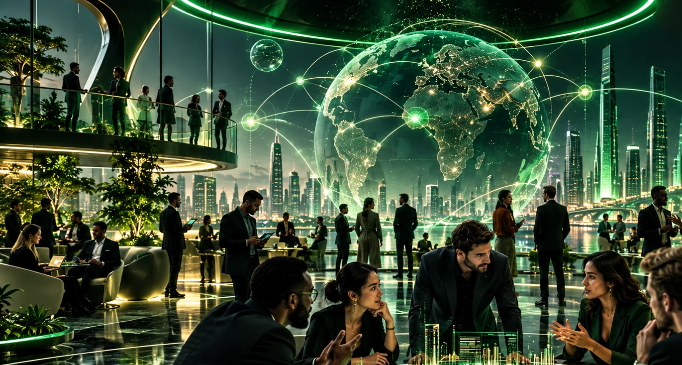 Global innovation ecosystem space with founders, investors and organisations collaborating.