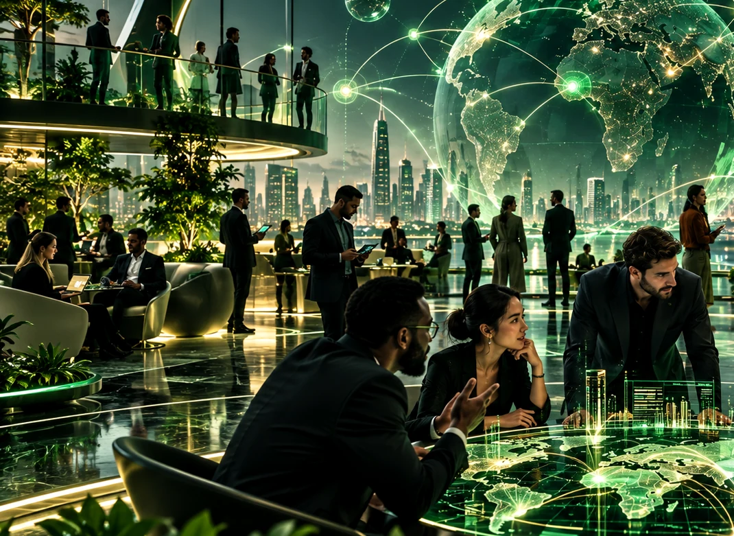 Investors and founders meeting in an international innovation lounge.