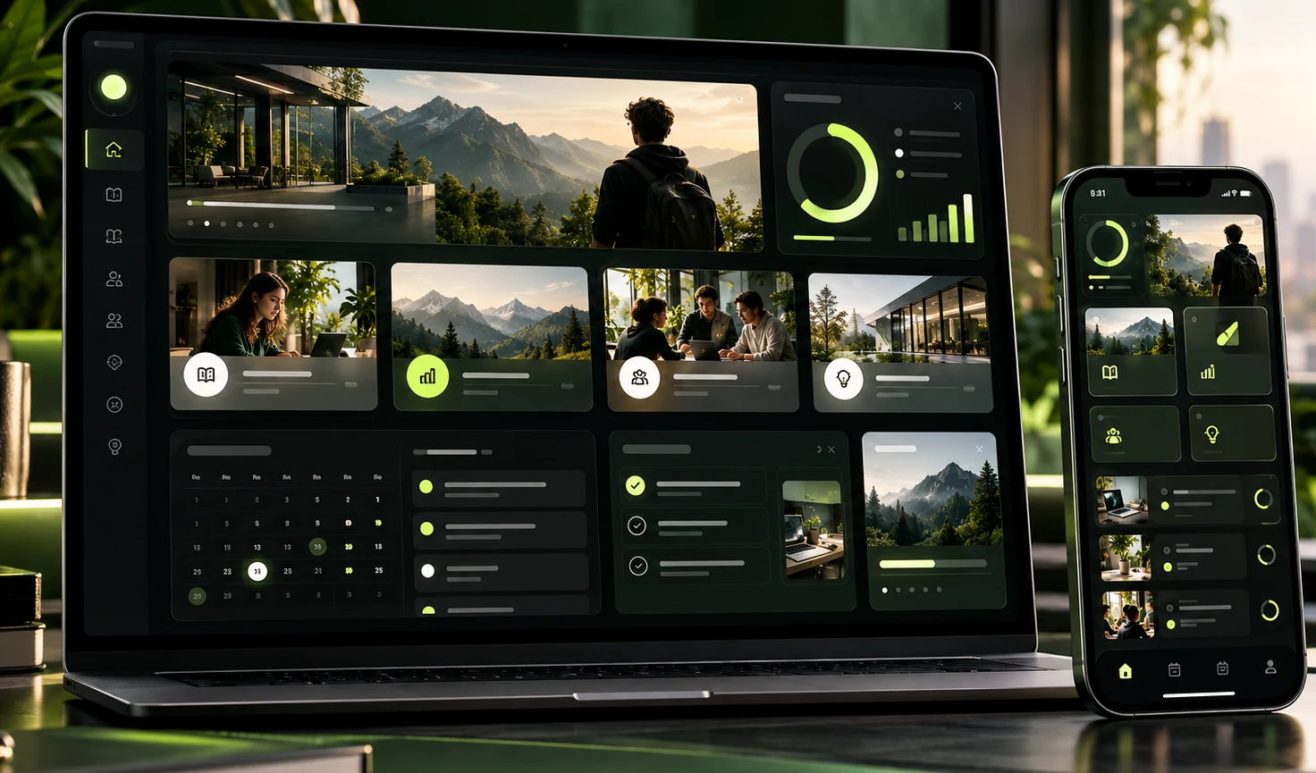 Premium learning platform shown on laptop and mobile phone.